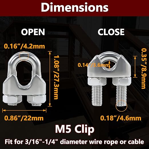 20PCS 3/16 to 1/4 Inches M5 Stainless Steel Wire Rope Cable Clip Clamp