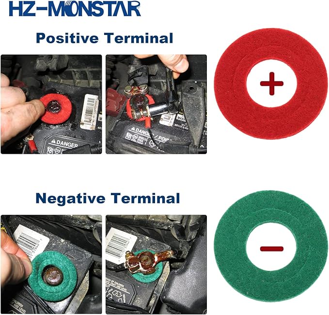 2 Pcs Battery Terminal Cleaning Brush and 10pcs Battery Terminal Anti-Corrosion Washers Protector Fiber 5 Green & 5 Red for Car Marine Boat Battery