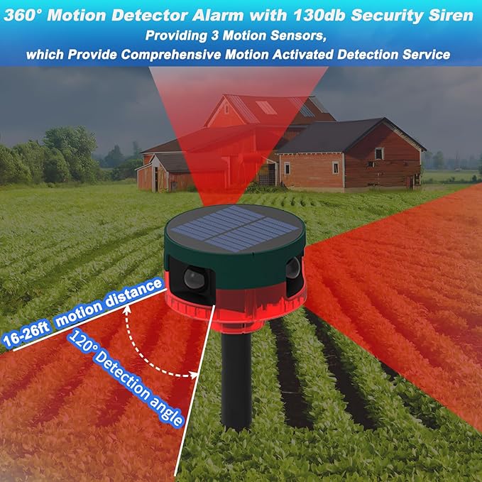 Solar Outdoor Motion Sensor Alarm, 360° Motion Detector Alarm with 130db Security Siren Support Recording, 13 Sounds Dual Modes Solar Alarm Strobe Light for Home & Farm