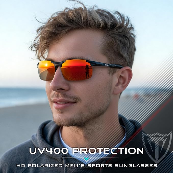 ATTCL Polarized Sunglasses Men Sports: UV Protection Anti Glare Wrap Around Lightweight Metal Driving Fishing Golf Running