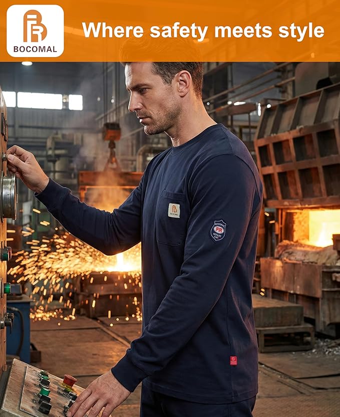 BOCOMAL FR Shirts Crewneck 7oz Midweight Flame Resistant Clothing NFPA2112 CAT2 Men's Fire Retardant Work Shirt