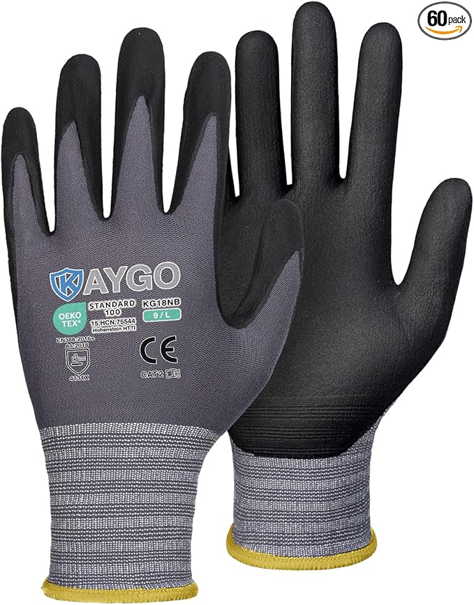 KAYGO Safety Work Gloves MicroFoam Nitrile Coated-60 Pairs, KG18NB,Seamless Knit Nylon Glove with Black Micro-Foam Nitrile Grip,Ideal for General Purpose,Automotive,Home Improvement, Large