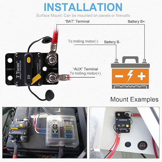 Double 3/8" Stud E9 30 Amp Circuit Breaker with Manual Reset, Surface Mount, 12V - 72V DC, Waterproof IP67 30A Switchable