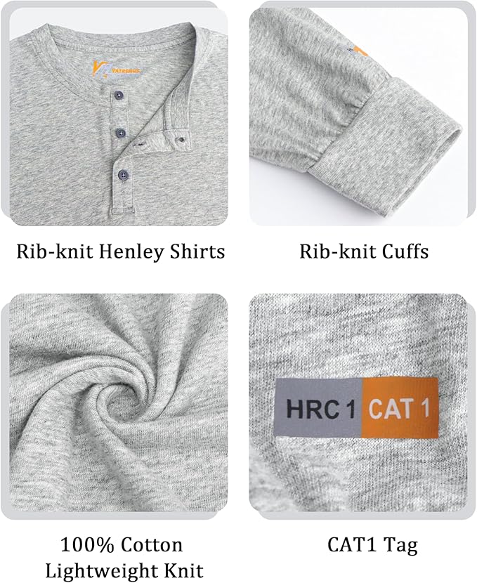 VATRENUS FR Shirts 4oz Lightweight Flame Resistant Henley 100% Cotton Men's Pre-Washed Fire Retardant Base Layer