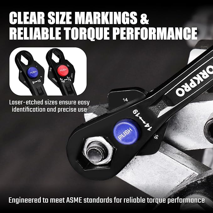 WORKPRO 2-Piece 12-in-1 Universal Adjustable Wrench Set, 8-19mm Metric & 5/16"-3/4" SAE Multi-Size Wrenches with Heat-Treated Cr-Mo Steel, ASME Standard, Multi-Position Head, for Home, Workshop, DIY