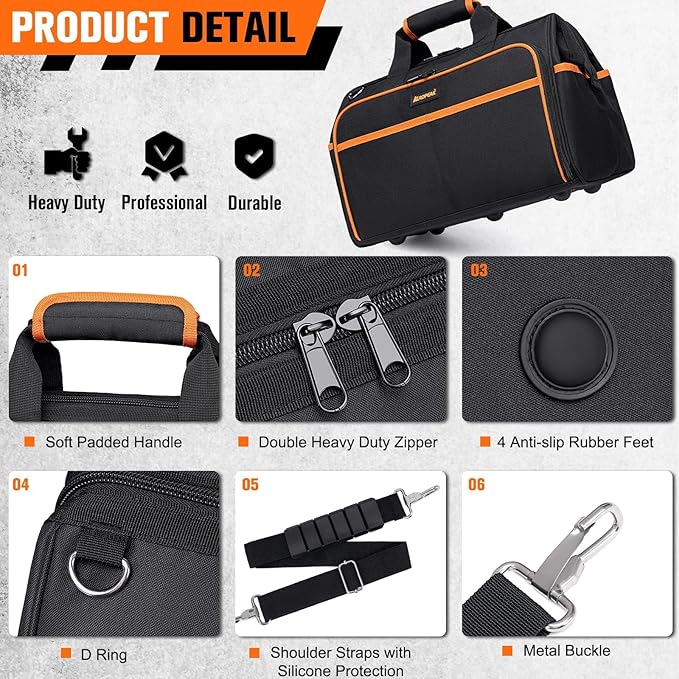 Heavy Duty Tool Bag 17.3-Inch, 26-Pocket Large Tool Bags for Men Women with Adjustable Shoulder Strap,Waterproof, Foldable Tool Bag Organizer for HVAC Electricians Mechanics Craftsman Contractor