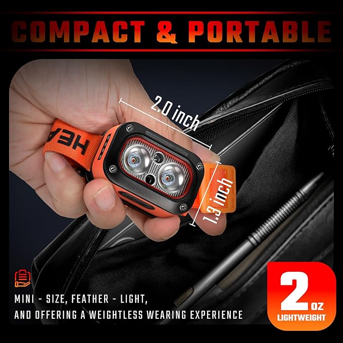 DARKBEAM Red LED Headlamp Dual Light High Lumens USB Rechargeable Redlight Headlight for Hardhat with Motion Sensor, Up/Down Adjustable, Waterproof Head Lamps for Camping, Fishing, Hunting