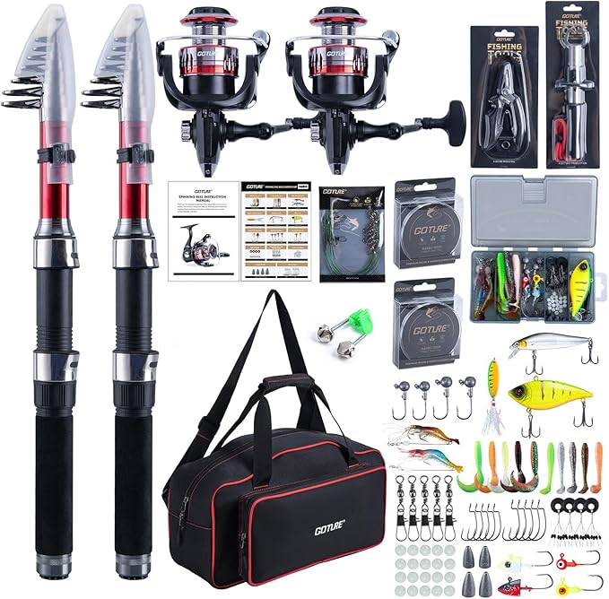 Goture Fishing Rod and Reel Combos-2PCS Telescopic Fishing Pole+2PCS Pre-Loaded Spinning Reels with Carrier Bag,1.8M-2.7M Telescopic Rod Reel Kit for Starter Travel Saltwater Freshwater,Gifts for Men