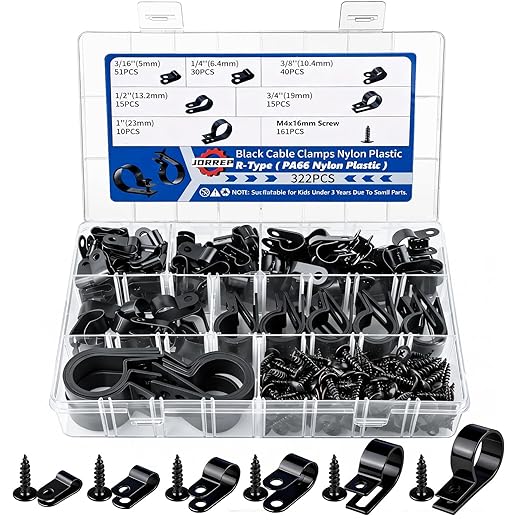 322PCS Black Cable Clips R-Type Nylon Wire Clips Assortment Kit 6 Sizes 3/16" 1/4" 3/8" 1/2" 3/4" 1" Cable Clamps with M4 Screws for Wire Managemen, Office, Garage
