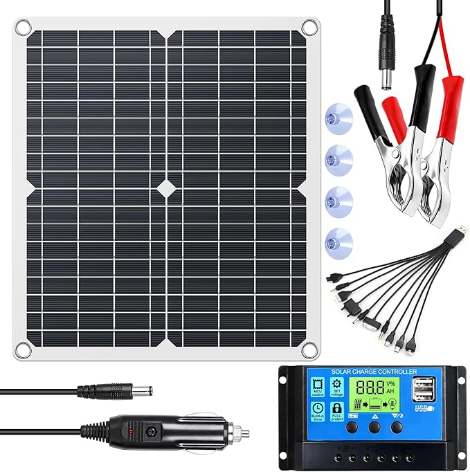 KEPEAK Solar Panel Kit 25W 12V, Solar Battery Trickle Charger Maintainer + Controller for Boat Car RV Motorcycle Marine Automotive