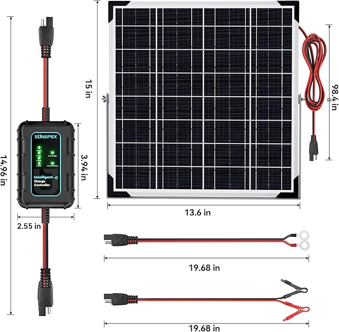 SUNAPEX 12V Solar Battery Charger: 20W Waterproof Solar Panel Kit - Aluminum Trickle Charger for Car Battery with Controller - Battery Tender Motorcycle Boat Marine RV Trailer Tractor Truck
