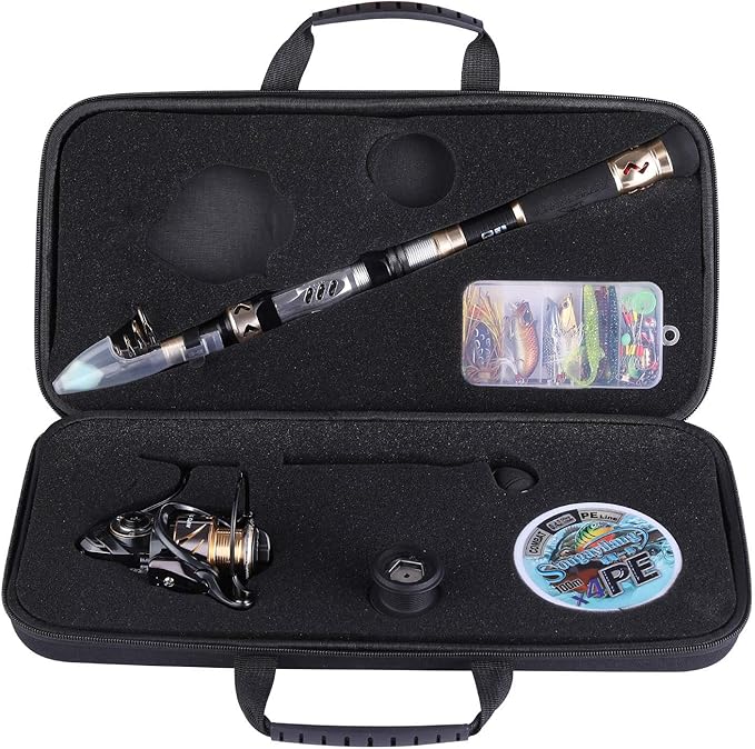 Sougayilang Telescopic Fishing Rod and Reel Combos Full Kit, Carbon Fiber Fishing Pole, 13 +1 Shielded Bearings Stainless Steel BB Spinning Reel with Suitcase Fishing Kit