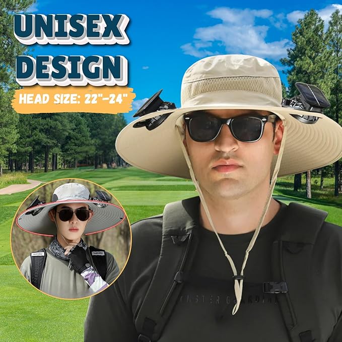 Outdoor Wide Brim Sun Hat with 2 Solar Fan Sun Bucket Hat for Men Women UPF 50+ Bucket Fishing & Beach Hat with Fan Built in