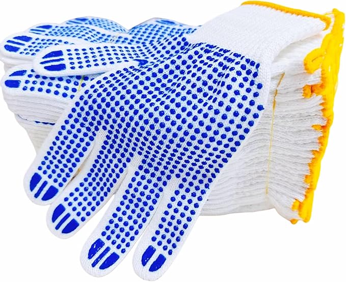 Qugzegx 12 Pairs Cotton Polyester Knitted Gloves, Grip Safety Work Gloves Anti-slip Dots Bulk Gloves For Painter Mechanic Warehouse Construction Men and Women, Medium Size