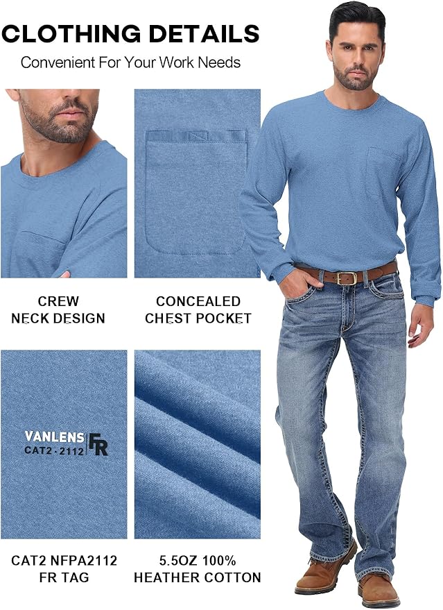 FR Shirts for Summer Crew T-Shirt 5.5OZ Heather Jersey Flame Resistant Long Sleeve Crew T Shirt CAT2