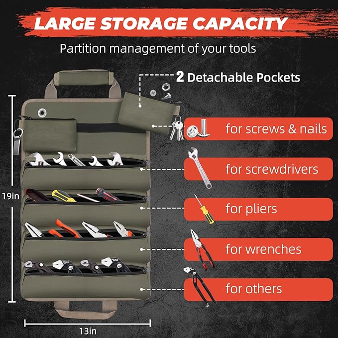 Tool Roll Up Bag, Gifts for Men Dad from Wife Daughter Fathers Day, Portable Tools Box Storage for Men, Heavy Duty Tool Organizer W/Detachable Pouches for Electrician Mechanic Carpenter