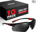 NoCry Work and Sports Safety Sunglasses with Green Tinted Scratch Resistant Wrap-Around Lenses and No-Slip Grips, UV 400 Protection. Adjustable, Black & Red Frames (10 pack)