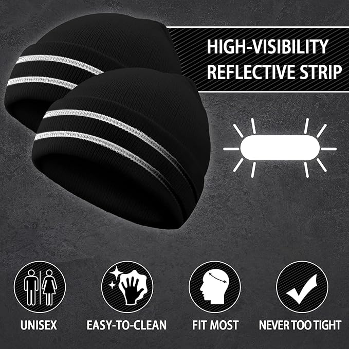 JenPen 3 Pcs Safety Beanie Reflective Hat Winter High Visibility Unisex Knit Beanie Hat Running Cap Headwear for Men Women