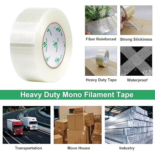 BOMEI PACK Filament Strapping Tape, 5.5 Mil 2 Inch x 60 Yards, Heavy Duty Reinforced Fiberglass Packing Tape, 2 Pack