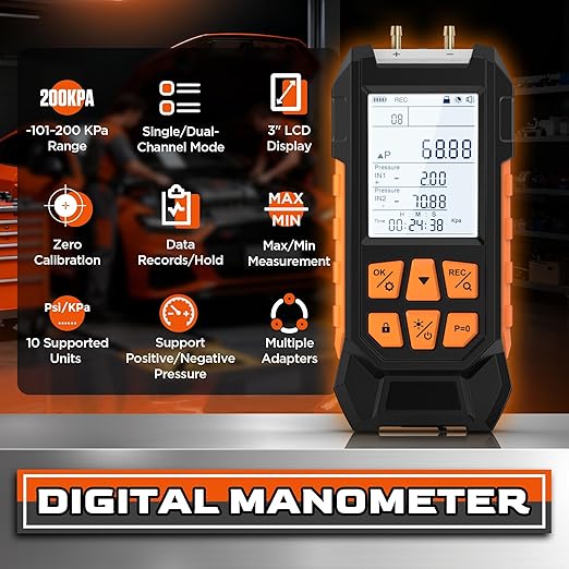 Manometer Gas Pressure Tester Pro 3" LCD Display Digital Manometers -101 KPa to 200KPa Dual-Port Gas Manometers HVAC with Auto Calibration, Max/Min Value, Data Records