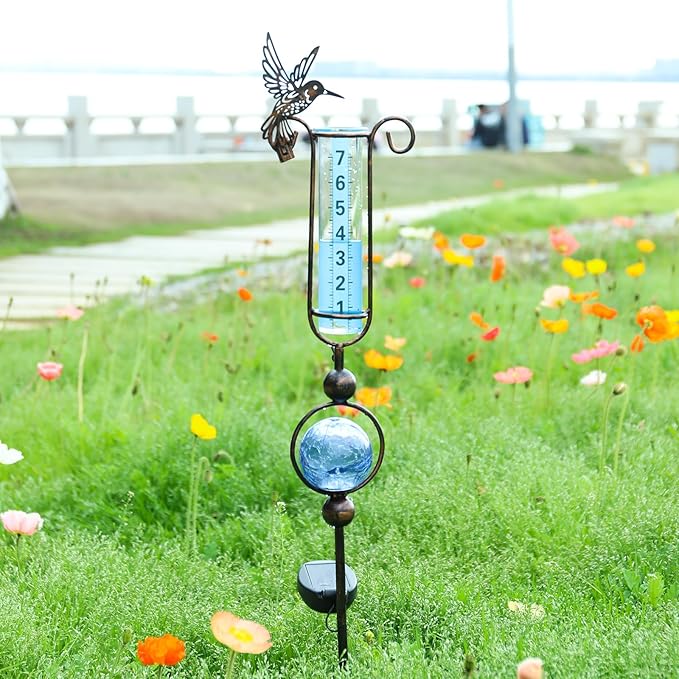 MUMTOP Rain Gauge Outdoor, 36 Inch Hummingbird Crackle Glass Solar Lights for Lawn, Yard and Garden