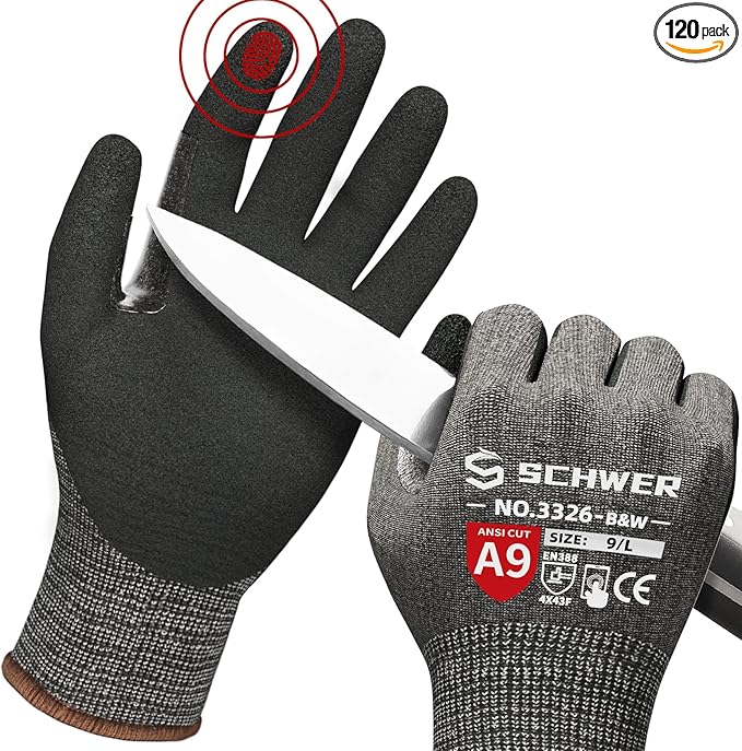 Schwer ProGuard High Level Cut Resistant Work Gloves PR3326 for Extreme Protection，ANSI A9 Cut Gloves with Reinforced Thumb, Non Slip, Non PFAS, Durable, Touch-screen, Black 120 Pairs, L