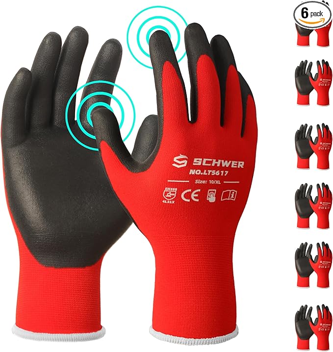 Schwer Ultra-Comfort Safety Work Gloves MicroFoam Nitrile Coated, Seamless Knit Nylon Glove for Men and Women, 6/12 Pairs, Abrasion Resistant, Non Slip, Breathable, LT5617, XL