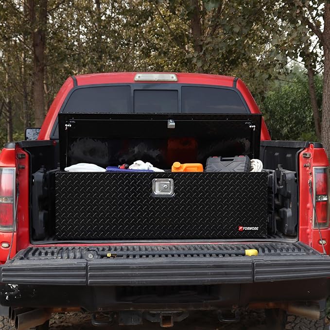FORWODE 39&48 Inch Aluminum Truck Tool Box Lockable Truck Bed Tool Box Waterproof Truck Bed Storage Box with Gas Struts Side Handle Truck Tool Chest for Pickup, Truck Bed, RV, Trailer & Garage (Black)