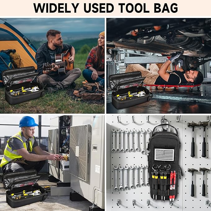 Heavy Duty Small Tool Bags for Men with Carabiner,Tactical Tool Pouch Bag,Portable Utility Tools Storage Organizer Case with Shoulder Strap for EDC,Motorcycle,Camping, Road Trip, Electricians,Black