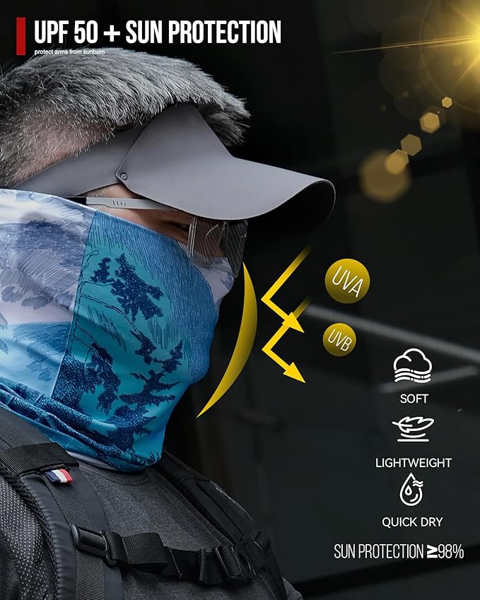 Neck Gaiter and Arm Sleeves Set, UPF 50+ Breathable Face Mask and Cooling Compression Sleeves