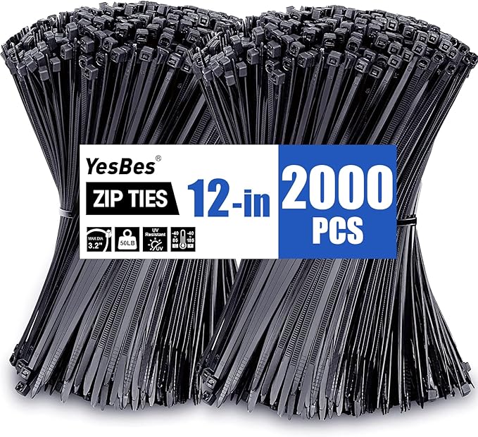 12 Inch 2000 PCS Zip Ties, Cable Ties 50lbs Tensile Strength, Black Zip Ties for Indoor and Outdoor Use, UV Resistant Wire Ties