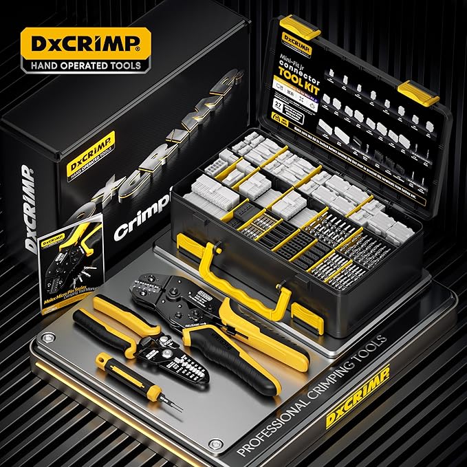 Mini-Fit Jr 4.2mm Crimping Tool Kit (2-24 Pin) with SATA & LP4 Connectors, 16-26 AWG Terminals. Ratcheting Crimper, Stripper & Extractor. Fits Molex Mini-Fit Jr for PC Modding, ATX/GPU/PSU