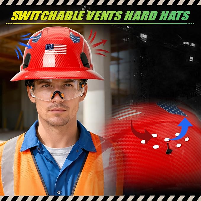 Carbon Fiber Pattern Full Brim Hard Hat with Visor-OSHA Approved Construction Safety Helmet for Men Women,ANSI Z89.1 Vented Reflective Hardhat with Hard Hat Chin Strap,6-Point Suspension