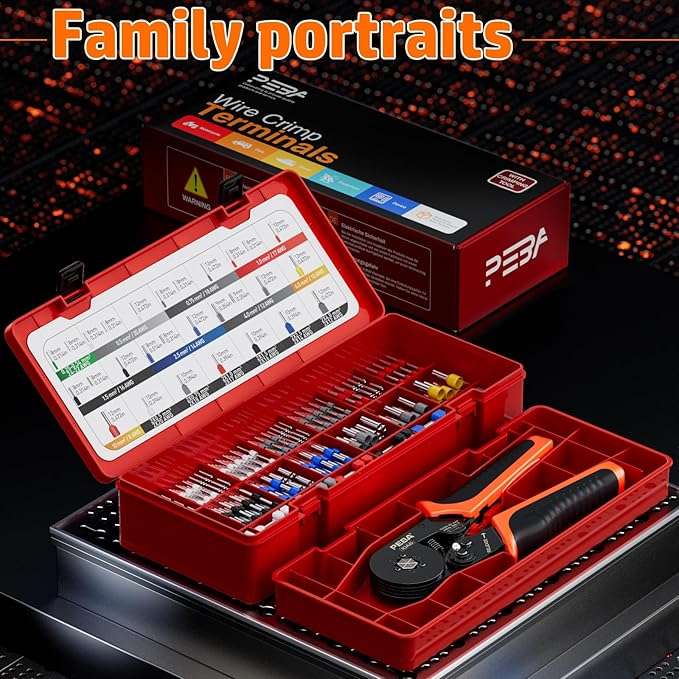 PEBA Hexagonal Ferrule Crimping Tool Kit, AWG 28-7 Self-Adjusting Ratchet Crimper with 28 Sizes Insulated & Non-Insulated Copper Terminals, Hex Crimp Pliers for Professional Electrical Wiring