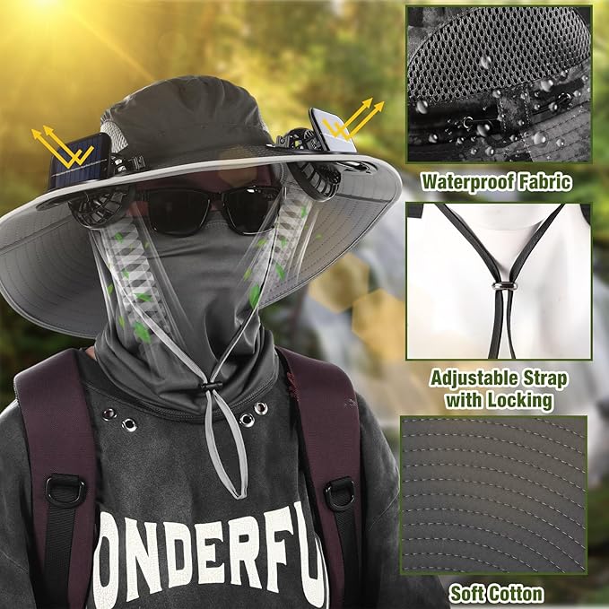 Syhood Solar Powered Fan Hat with Arm Sleeves Neck Gaiter for Men Women Outdoor Wide Brim Bucket Hat with Fan for Hiking