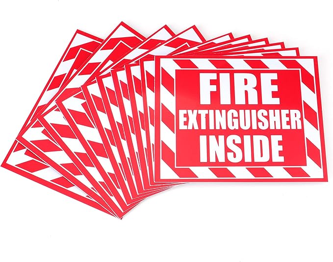 Fasmov 10 Pack Fire Extinguisher Inside Sticker Sign, 5" x 4" Self-Adhesive Vinyl Decals, Weatherproof & UV Protected for Cars, Trailers, Rv's, Trucks and Vehicles, Red on White