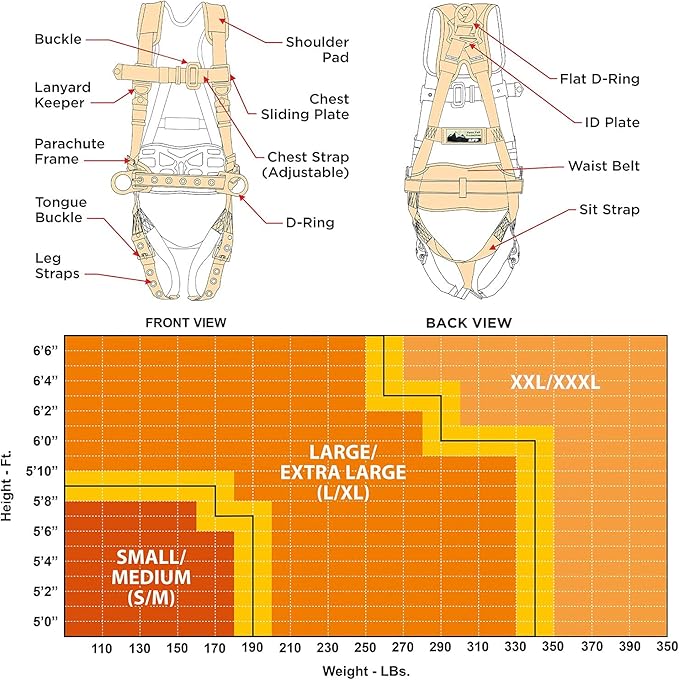AFP Fall Protection Full-Body Premium Safety Harness, 8” Thick Support Belt, Aluminum D-Rings, Tongue Buckle (OSHA/ANSI PPE)