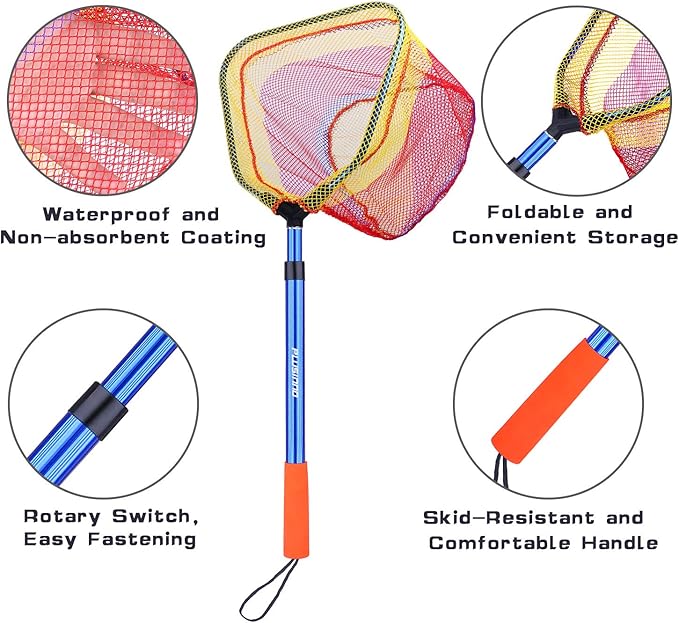 PLUSINNO Kids Fishing Net, Telescopic Lightweight Landing Net with Aluminum Pole Handle and Nylon Mesh, Catch and Release Butterfly Net for Kids Youth Outdoor
