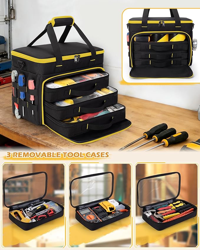 2 Layers Tool Bag with 3 Clear Window Removable Cases, Heavy Duty Tool Tote with Molle Webbing and Detachable Shoulder Strap, Black/Yellow