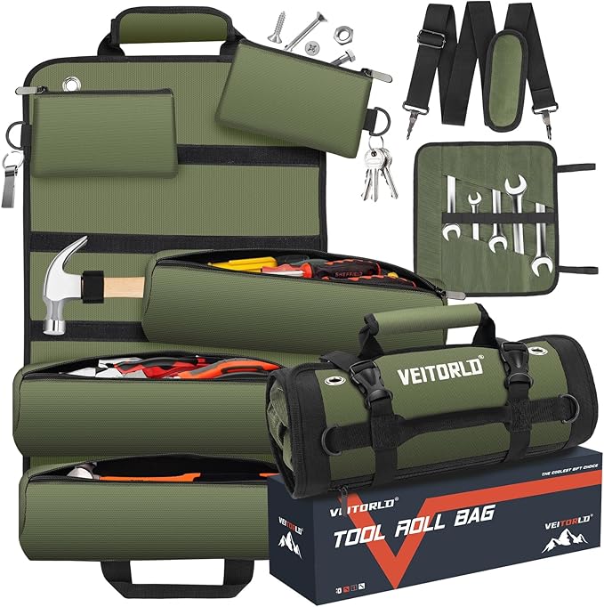 Tool Roll Up Bag, Gifts for Him Men Dad Husband Boyfriend Fathers Day, 1680D Portable Tool Storage for Men, Heavy Duty Tool Organizer with Detachable Pouches&Wrench Roll for Mechanic