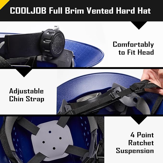 COOLJOB Full Brim Hard Hat, OSHA Construction Work Approved, HDPE Safety Helmet with 4 Point Adjustable Ratchet Suspension, Class E, G & C