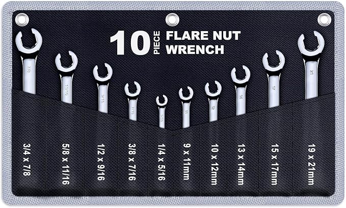 10-Piece Complete Metric and SAE Flare Nut Wrench Set with Pouch | Metric 9mm - 21mm, Inch 1/4” - 7/8” | Cr-V Steel, 6-Point Double-End Design, Perfect Line Wrench for Fuel, Brake and Air Conditioning