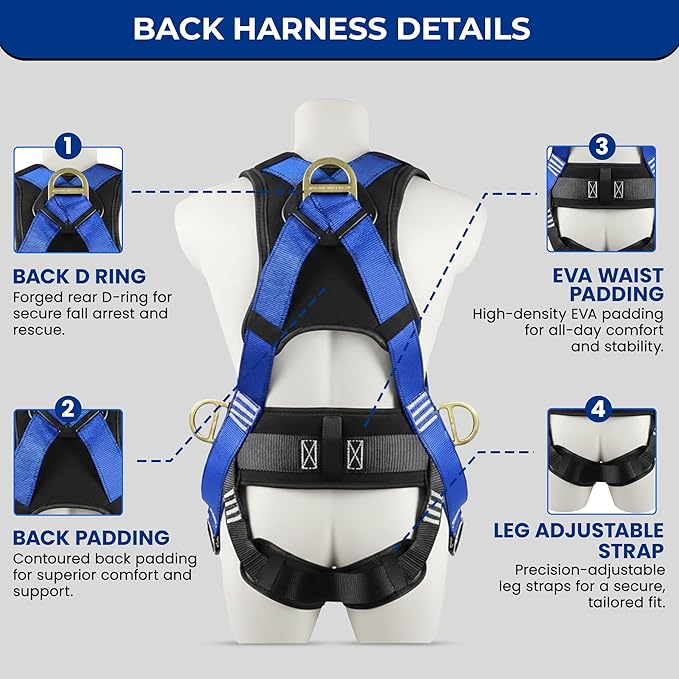 Sorano Safety Harness Fall Protection, Full Body Roofing harnesses with Shock Absorbing Lanyard for Men & Women OSHA/ANSI Compliant, Upgrade 4 Quick Buckles