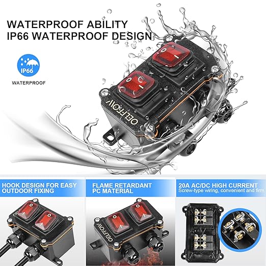 Waterproof On Off Toggle Switch Double Switch/Outlet with Red Light Rocker Button Inline Cord Switch DPST AC/DC 20A-125V,16A-250V,30A-24V,35A-12V, IP66