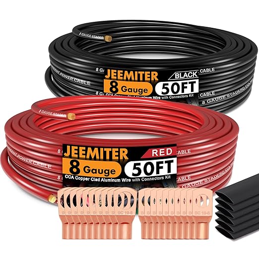 Jeemiter 8 AWG CCA Wire Kit - 100ft Total (50ft Red & 50ft Black) | Complete Power & Ground Cable for Car Audio, Solar, RV | with Lugs & Heat Shrink Tube