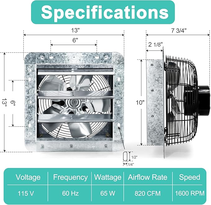 10 Inch Shutter Exhaust Fan with Thermostat and Speed Controller, Wall Mounted Vent Fan for Attic, Greenhouse, Shed, Garage, Chicken Coop, Shop Ventilation, 820 CFM, 1200 SQF Coverage Area