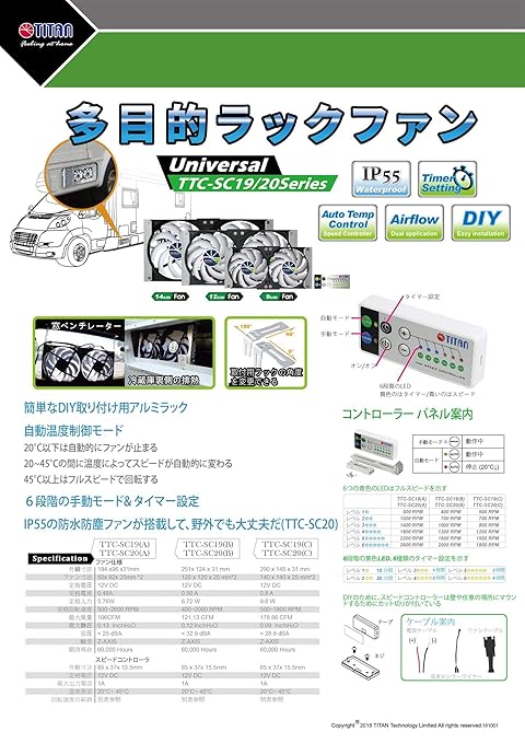 TITAN- 12V DC IP55 Waterproof Double Rack Mount Ventilation Cooling Fan with Timer and Speed Controller- TTC-SC20 (90mm)
