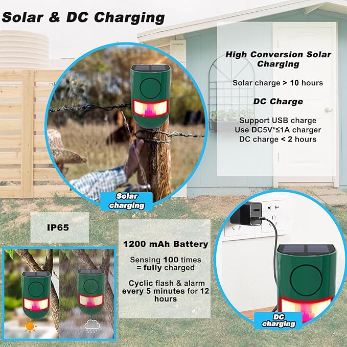 Solar Outdoor Motion Sensor Alarm, 130 dB Siren Sound Alert & 6 LEDs Flash Warning Strobe Motion Activated Alarm for Farm Yard, 4 Pack