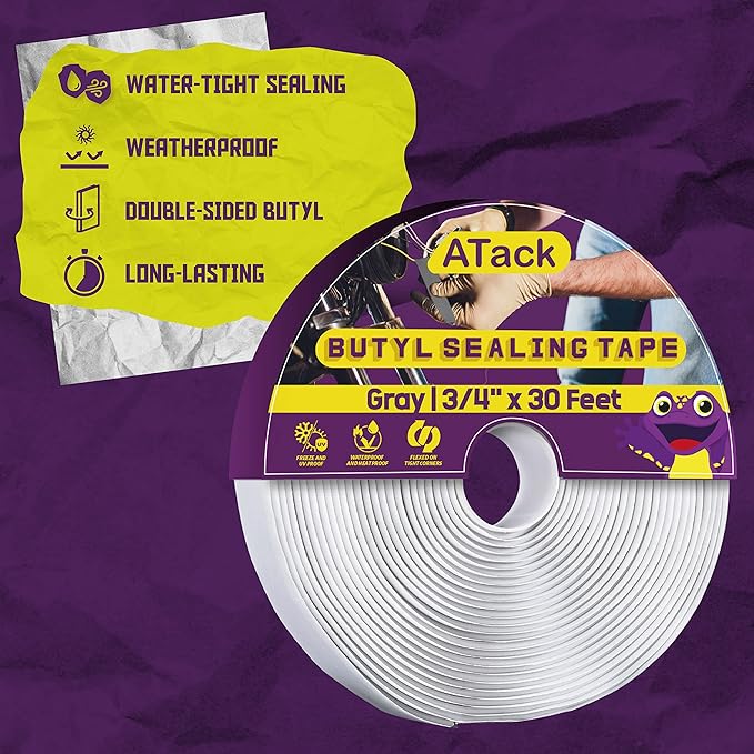 ATack Gray Butyl Seal Tape 1/8-Inch x 3/4-Inch x 30-Foot Leak Proof Putty Tape for RV Repair, Window, Boat Sealing, Glass and EDPM Rubber Roof Patching