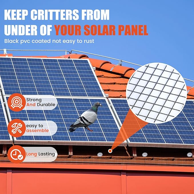 1/2" 6" X 100' Solar Panel Bird Guard Mesh, with 60 Fastener Clips Critter Guard for Solar Panels, PVC Coated Galvanized Bird Guard, for Squirrel,Bird,Critters Proofing